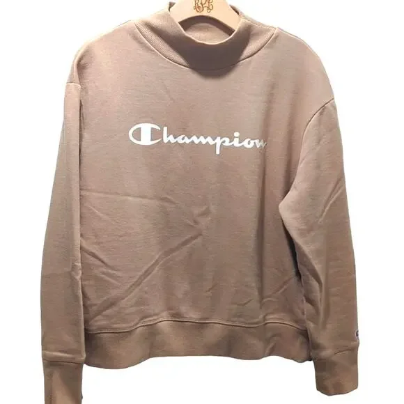 Champion Mock Neck Neutral Sweatshirt Long Sleeve Logo Beige Tan Size M - Picture 1 of 8